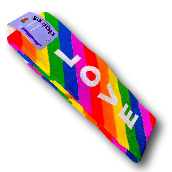 3/$20 "LOVE" Rainbow Stripes LGBTQ+ Pride Funny Novelty KneeHigh Socks - NWT - Picture 3 of 3